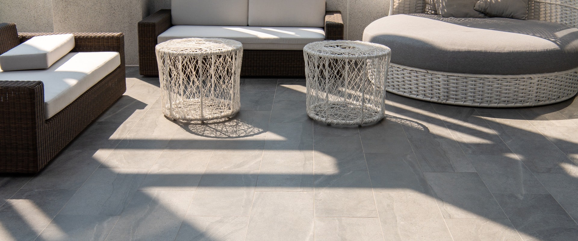 beautiful terrace, grey floor tile outdoor.