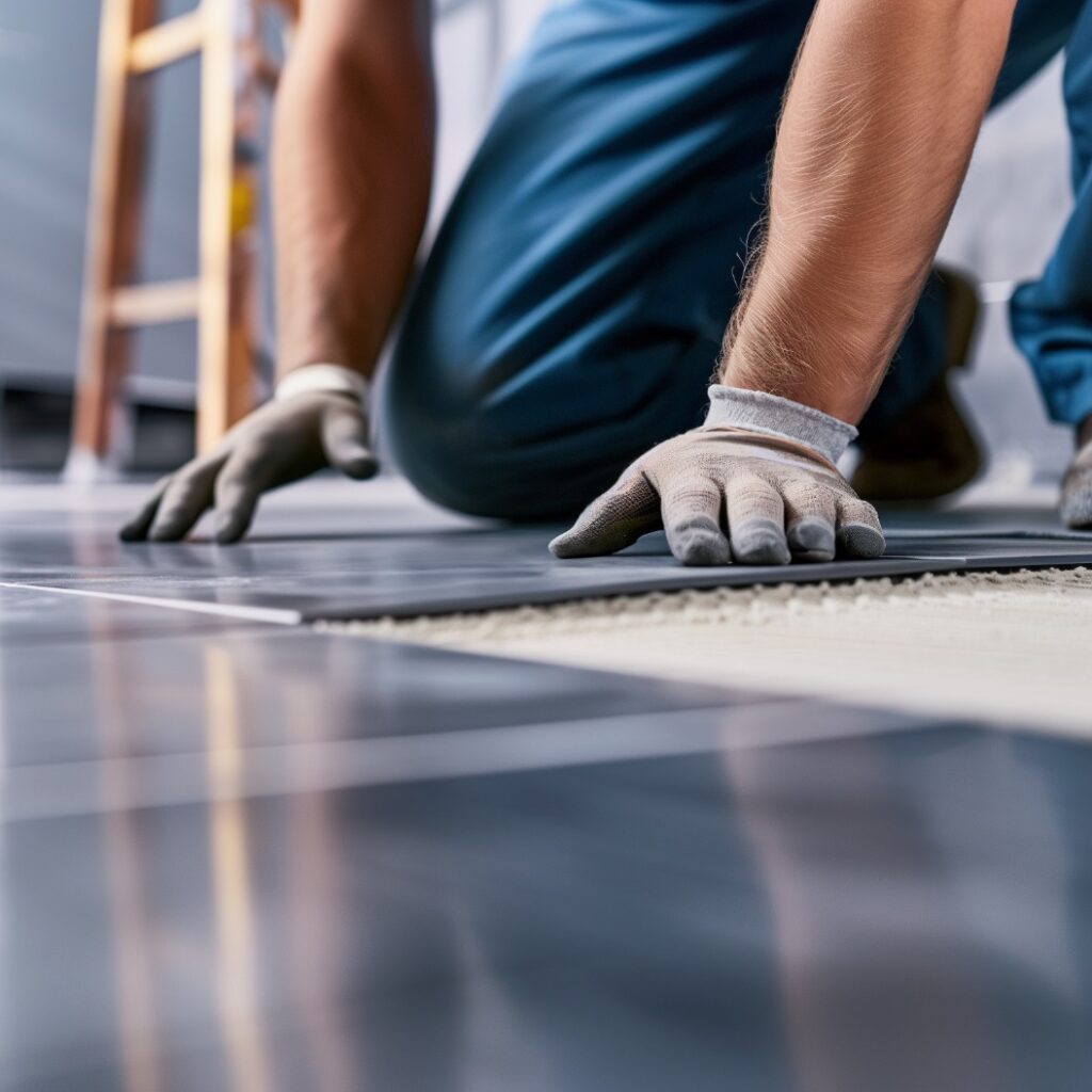 Fliesenleger verlegt Bodenplatten im Badezimmer