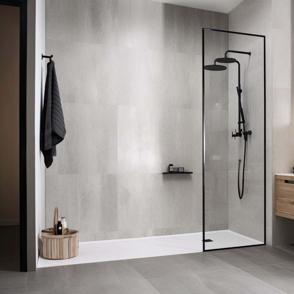 minimal design walk shower are simplicity, functionality, and clean lines with a focus on natural materials and subdued colors - Generated AI