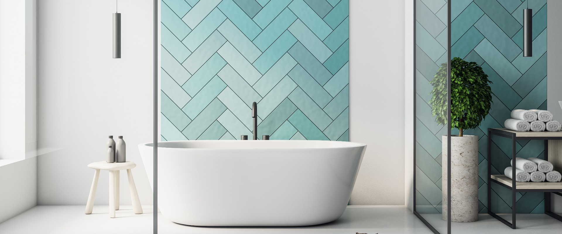 Modern turquoise bathroom interior with bathand self care products.
