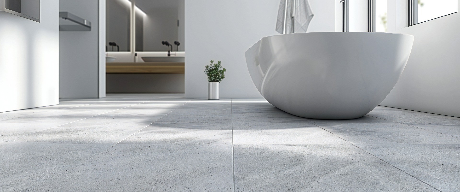 Tile Installer Places Floor Tiles in the Bathroom
